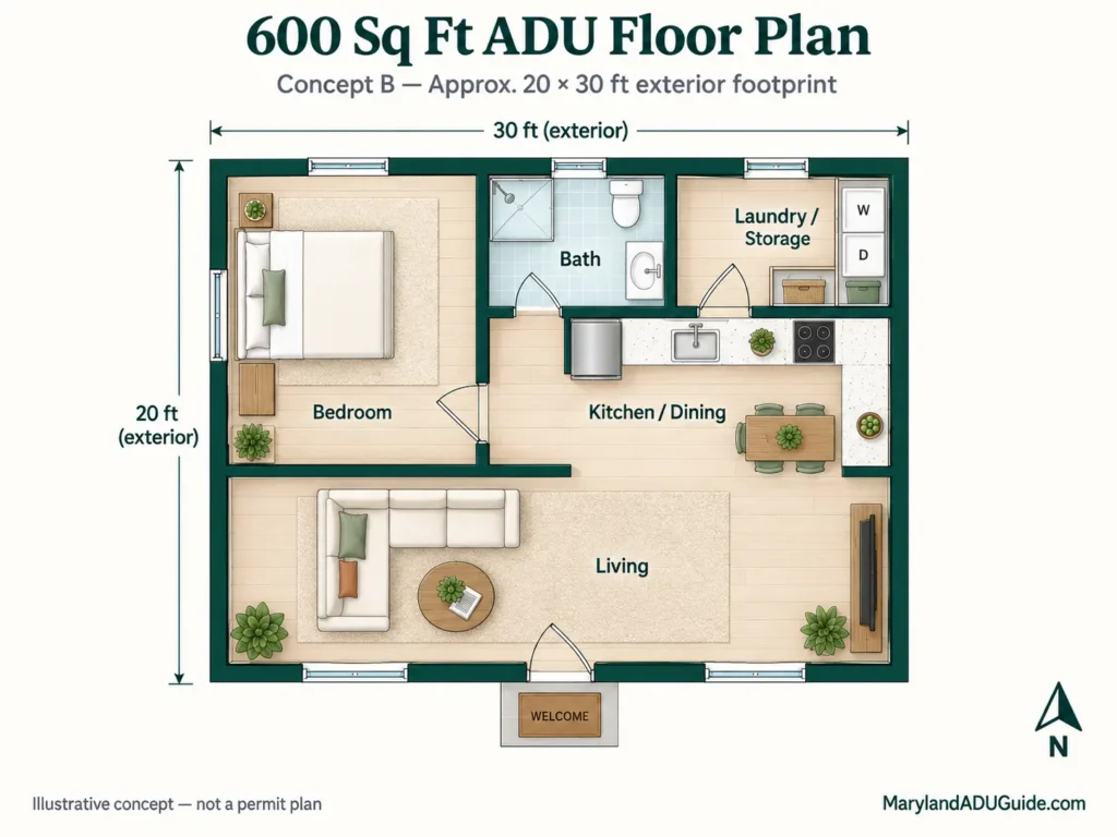 600 sq ft one-bedroom ADU floor plan with bedroom, bath, laundry storage, kitchen dining, and living room