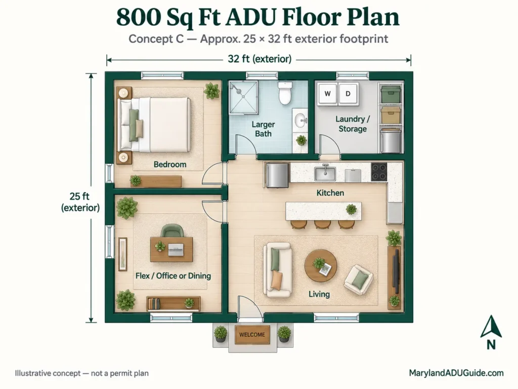 800 sq ft ADU floor plan with bedroom, larger bath, laundry storage, kitchen, living room, and flex office or dining space