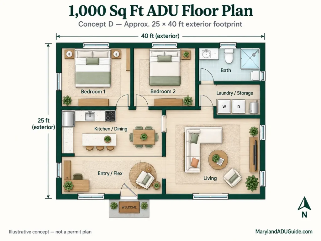 1,000 sq ft two-bedroom ADU floor plan with two bedrooms, bath, laundry storage, kitchen dining, living room, and entry flex space