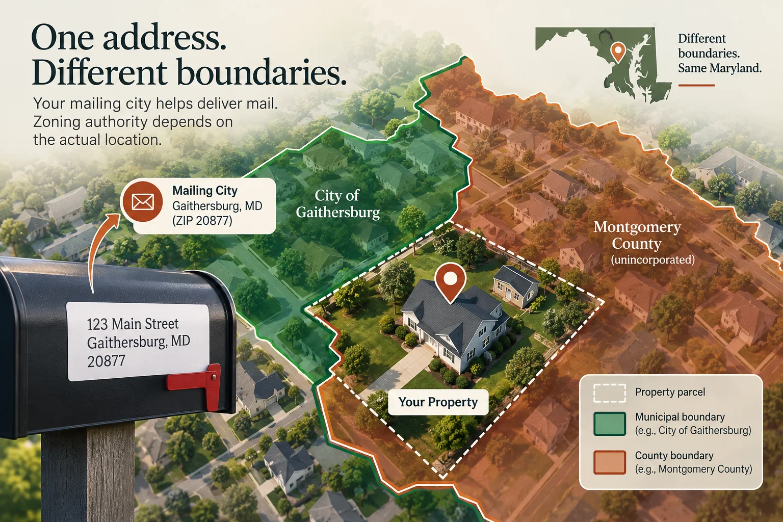 Illustration showing how a Maryland property’s mailing city can differ from its actual zoning or jurisdiction boundary