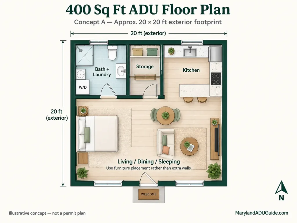 400 sq ft ADU floor plan with bath and laundry, storage, kitchen, and open living dining sleeping area