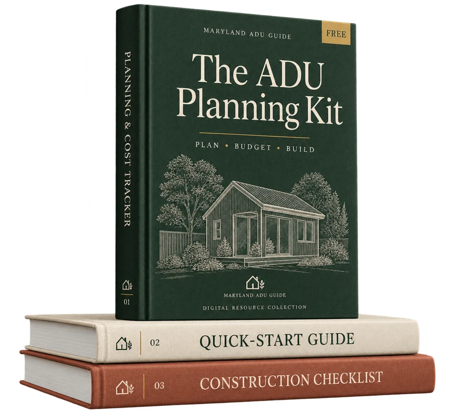 Free Maryland ADU planning workbook, quick-start guide and construction checklist, shown as books